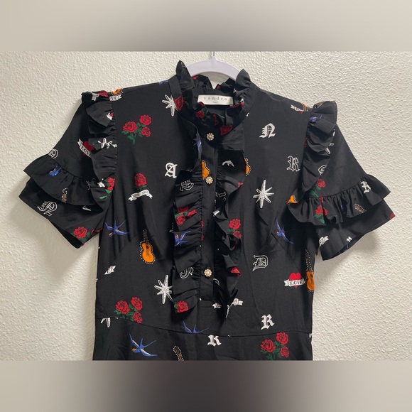 Sandro Wendy Tattoo Print Dress Silk Ruffle Trim Aline Side Zipper Size 2 $495 - Picture 5 of 11